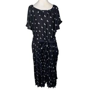 NWT Women’s XL Navy Blue White Horse Print Equestrian Belted Pleated Midi Dress